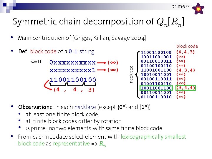 prime n Symmetric chain decomposition of Qn[Rn] • Main contribution of [Griggs, Killian, Savage
