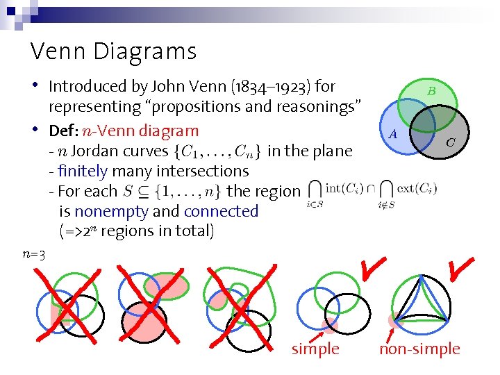 Venn Diagrams • Introduced by John Venn (1834– 1923) for • representing “propositions and