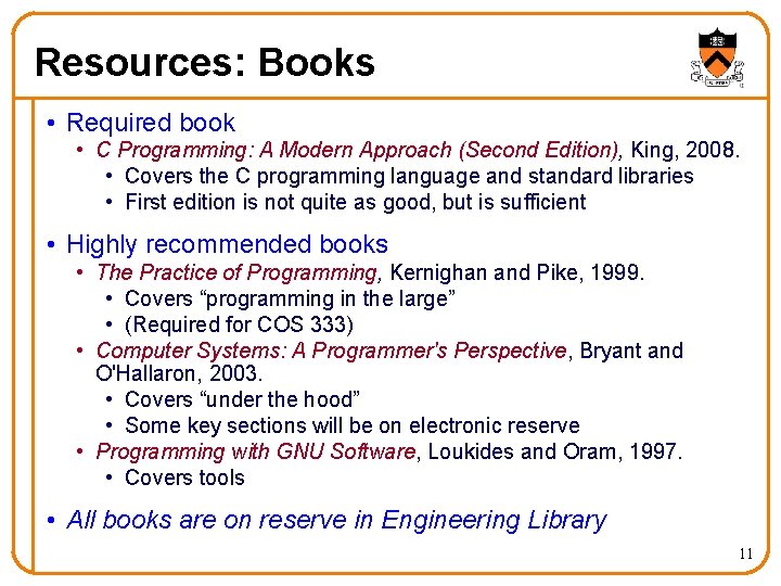 Resources: Books • Required book • C Programming: A Modern Approach (Second Edition), King,