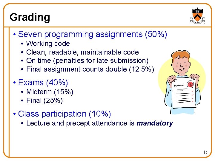 Grading • Seven programming assignments (50%) • • Working code Clean, readable, maintainable code