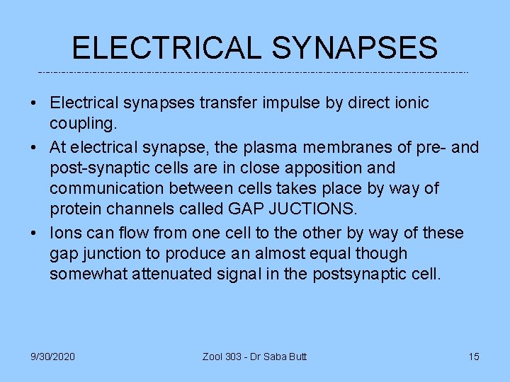 ELECTRICAL SYNAPSES • Electrical synapses transfer impulse by direct ionic coupling. • At electrical