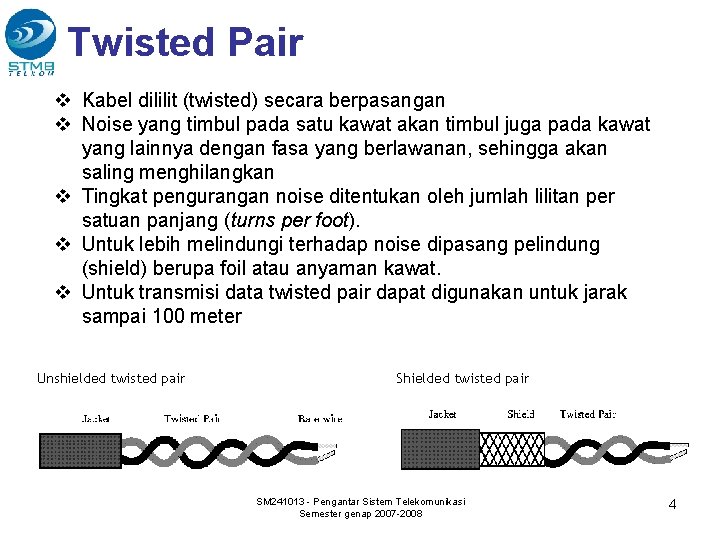 Twisted Pair v Kabel dililit (twisted) secara berpasangan v Noise yang timbul pada satu
