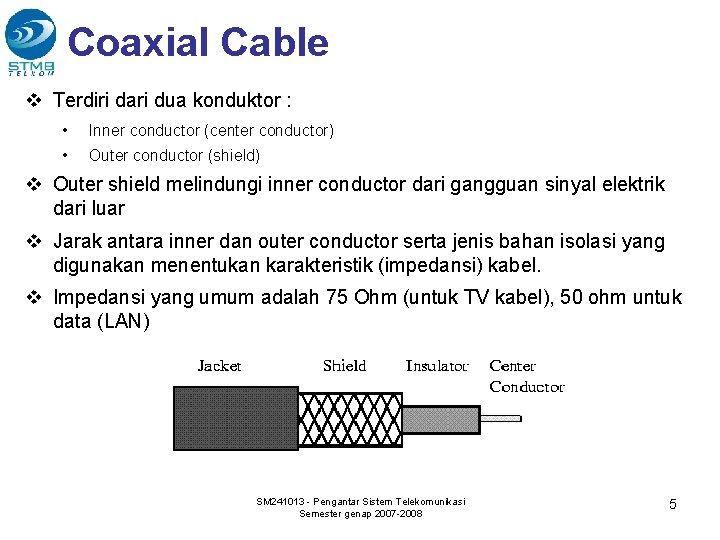 Coaxial Cable v Terdiri dari dua konduktor : • Inner conductor (center conductor) •