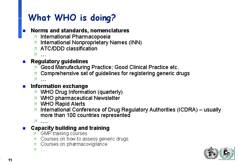 What WHO is doing? n n Norms and standards, nomenclatures ä International Pharmacopoeia ä