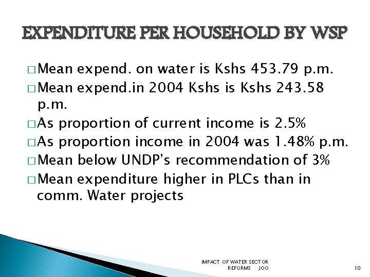 EXPENDITURE PER HOUSEHOLD BY WSP � Mean expend. on water is Kshs 453. 79