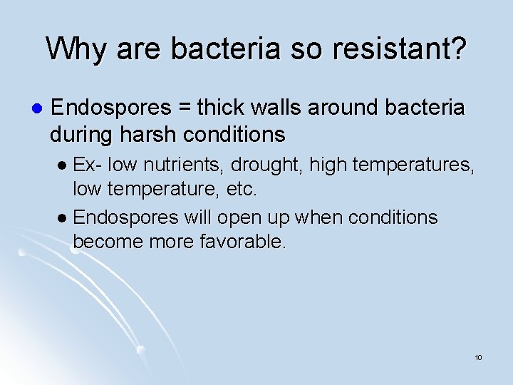 Why are bacteria so resistant? l Endospores = thick walls around bacteria during harsh
