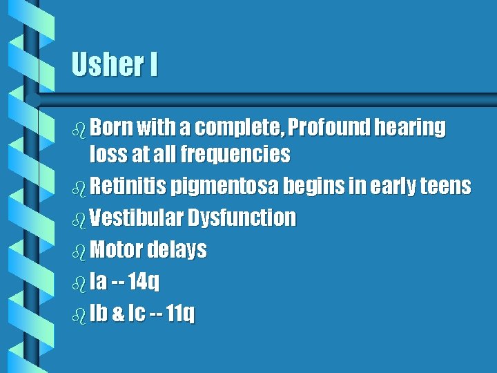 Usher I b Born with a complete, Profound hearing loss at all frequencies b Usher I b Born with a complete, Profound hearing loss at all frequencies b
