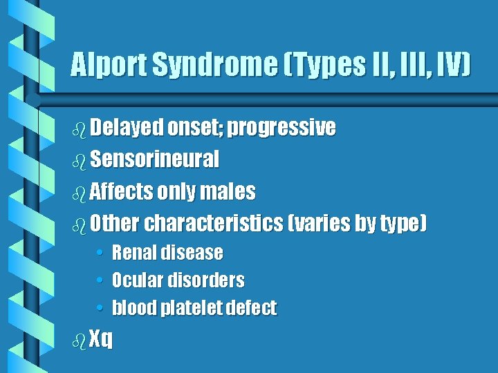 Alport Syndrome (Types II, IV) b Delayed onset; progressive b Sensorineural b Affects only Alport Syndrome (Types II, IV) b Delayed onset; progressive b Sensorineural b Affects only