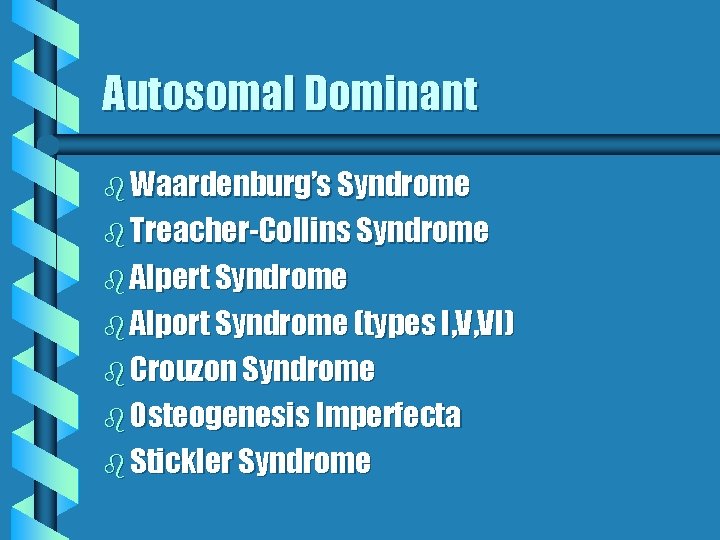 Autosomal Dominant b Waardenburg’s Syndrome b Treacher-Collins Syndrome b Alpert Syndrome b Alport Syndrome Autosomal Dominant b Waardenburg’s Syndrome b Treacher-Collins Syndrome b Alpert Syndrome b Alport Syndrome