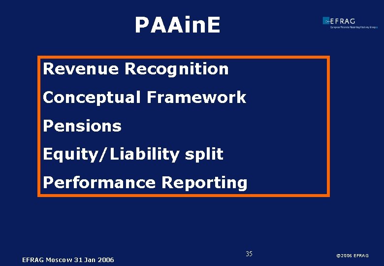 PAAin. E Revenue Recognition Conceptual Framework Pensions Equity/Liability split Performance Reporting EFRAG Moscow 31