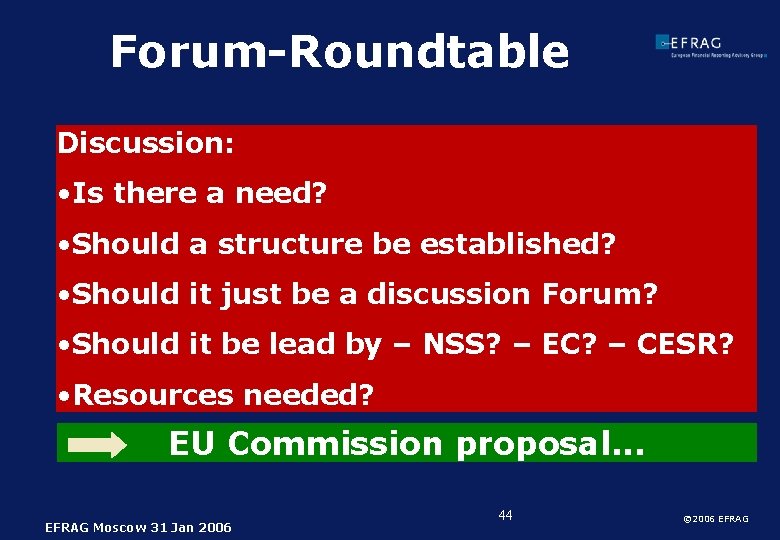 Forum-Roundtable Discussion: • Is there a need? • Should a structure be established? •