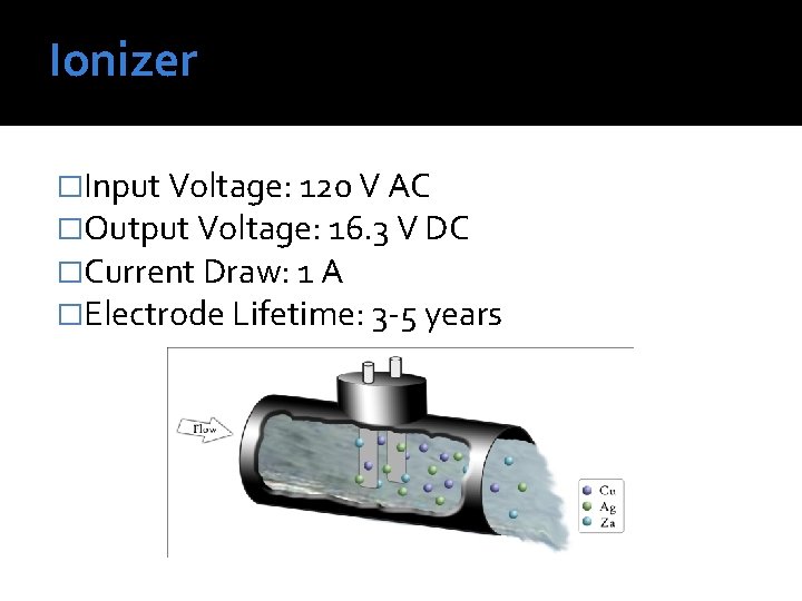 Ionizer �Input Voltage: 120 V AC �Output Voltage: 16. 3 V DC �Current Draw: