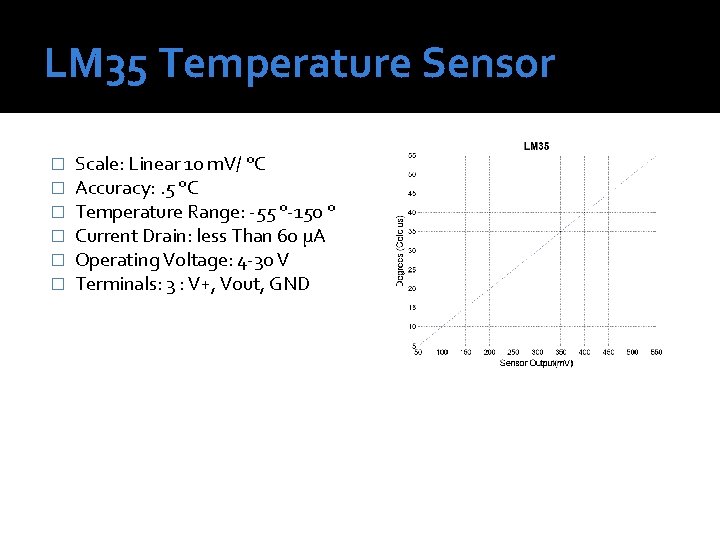 LM 35 Temperature Sensor � � � Scale: Linear 10 m. V/ °C Accuracy: