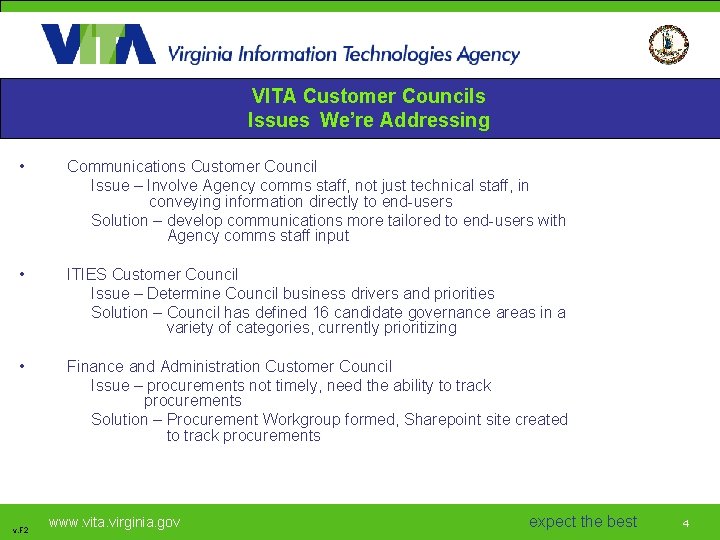 VITA Customer Councils Issues We’re Addressing • Communications Customer Council Issue – Involve Agency