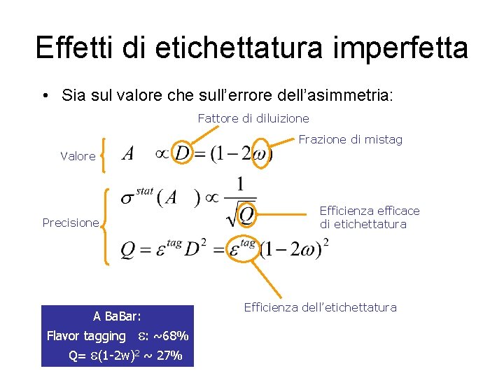 Effetti di etichettatura imperfetta • Sia sul valore che sull’errore dell’asimmetria: Fattore di diluizione