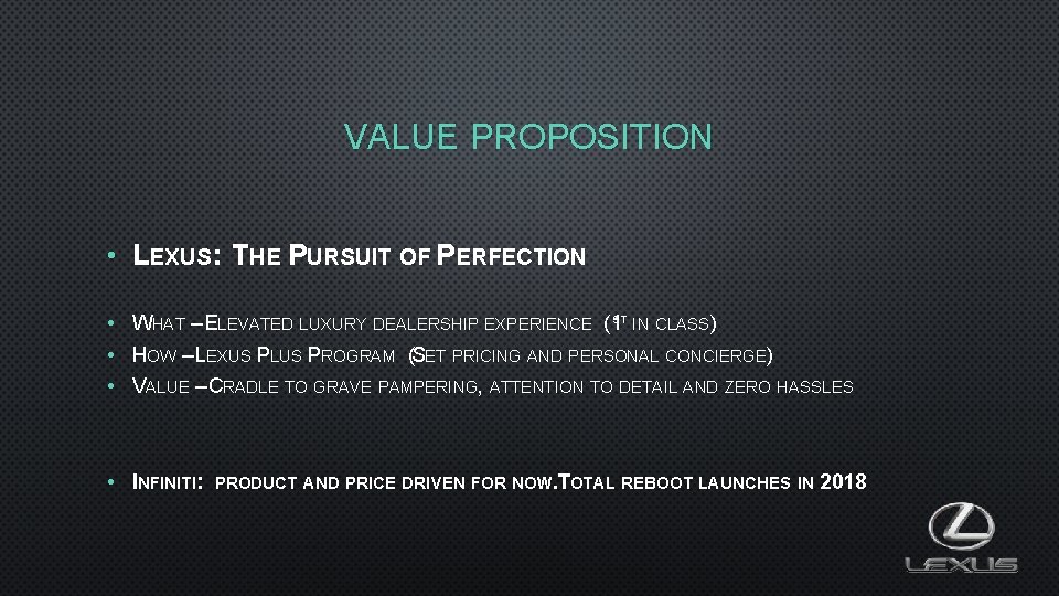 VALUE PROPOSITION • LEXUS: THE PURSUIT OF PERFECTION • • • WHAT – ELEVATED