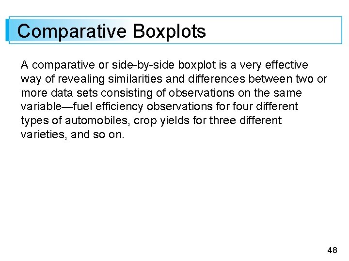 Comparative Boxplots A comparative or side-by-side boxplot is a very effective way of revealing
