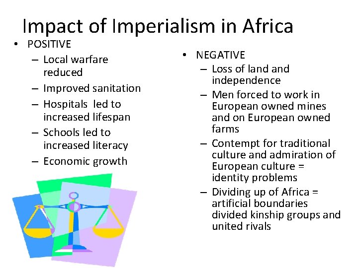 Impact of Imperialism in Africa • POSITIVE – Local warfare reduced – Improved sanitation
