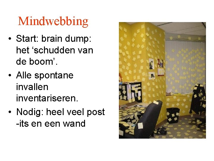 Mindwebbing • Start: brain dump: het ‘schudden van de boom’. • Alle spontane invallen