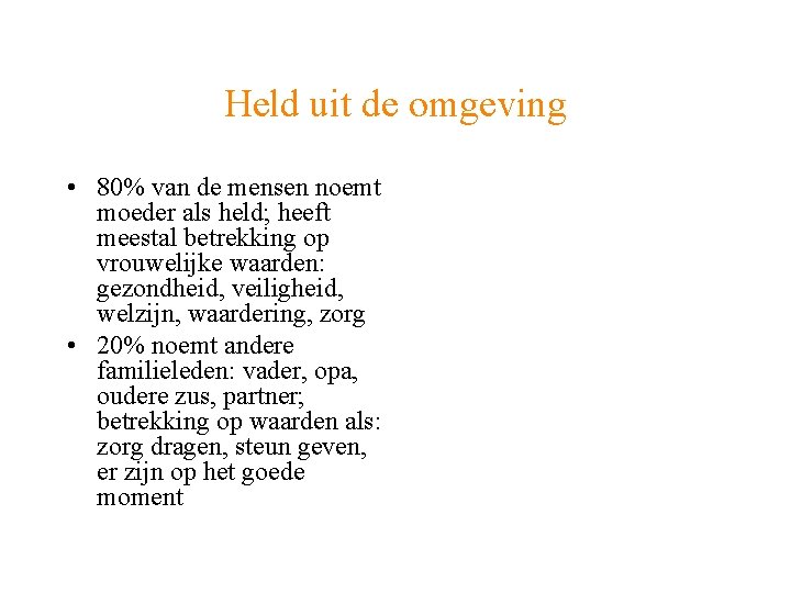 Held uit de omgeving • 80% van de mensen noemt moeder als held; heeft