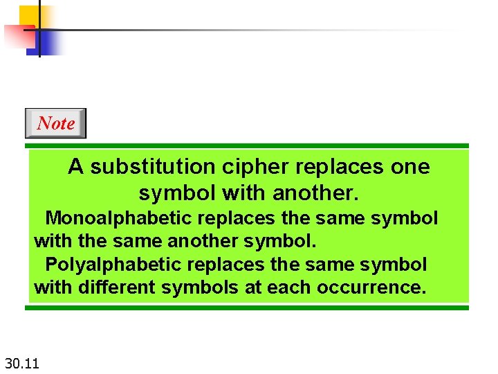 Note A substitution cipher replaces one symbol with another. Monoalphabetic replaces the same symbol