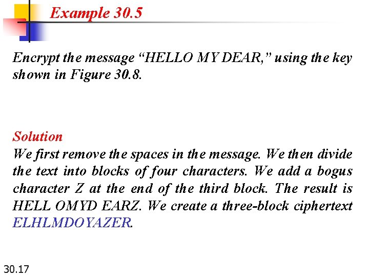 Example 30. 5 Encrypt the message “HELLO MY DEAR, ” using the key shown