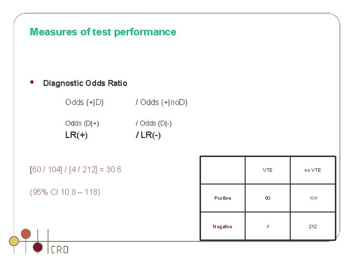Measures of test performance • Diagnostic Odds Ratio Odds (+|D) / Odds (+|no. D) Measures of test performance • Diagnostic Odds Ratio Odds (+|D) / Odds (+|no. D)