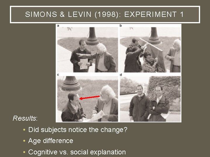 SIMONS & LEVIN (1998): EXPERIMENT 1 Results: • Did subjects notice the change? •