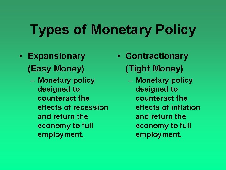 Types of Monetary Policy • Expansionary (Easy Money) – Monetary policy designed to counteract