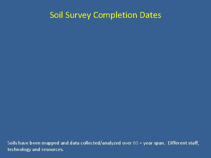 Soil Survey Completion Dates Soils have been mapped and data collected/analyzed over 60 +