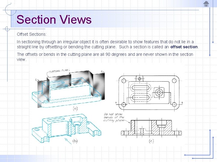 Section Views Offset Sections: In sectioning through an irregular object it is often desirable
