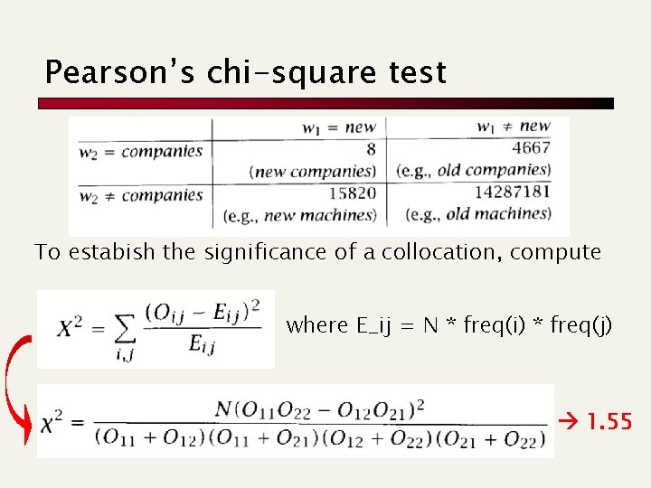 Pearson’s chi-square test To estabish the significance of a collocation, compute where E_ij =