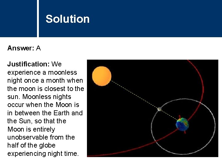 Solution Title Question Answer: A Justification: We experience a moonless night once a month