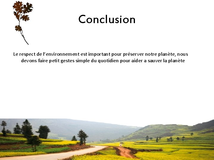 Conclusion Le respect de l’environnement est important pour préserver notre planète, nous devons faire