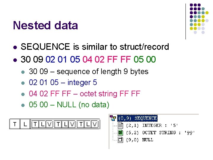 Nested data l l SEQUENCE is similar to struct/record 30 09 02 01 05