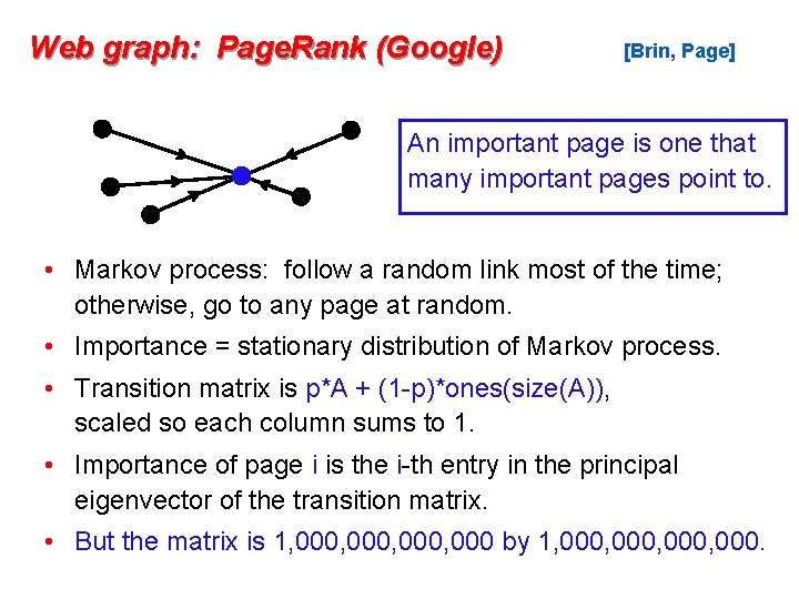 Web graph: Page. Rank (Google) [Brin, Page] An important page is one that many