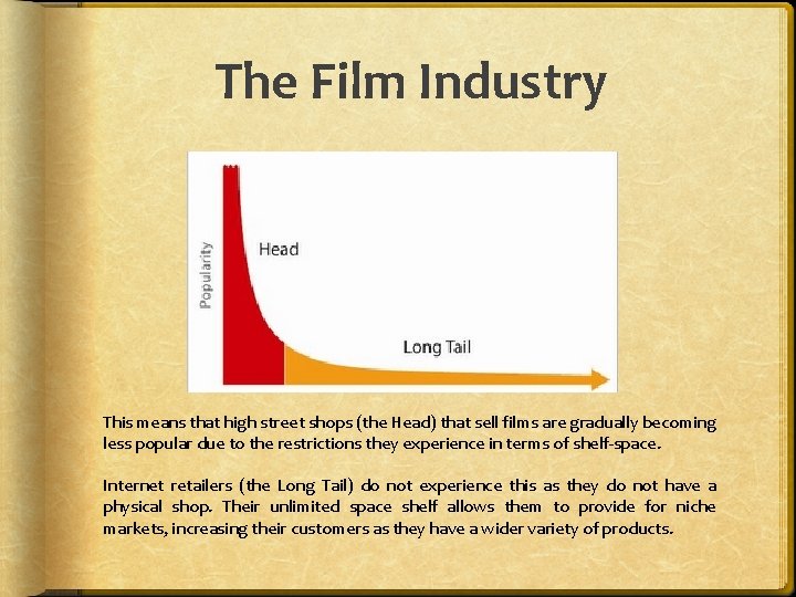 The Film Industry This means that high street shops (the Head) that sell films