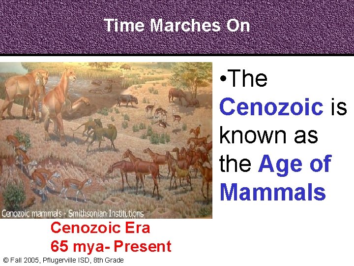 Time Marches On • The Cenozoic is known as the Age of Mammals Cenozoic