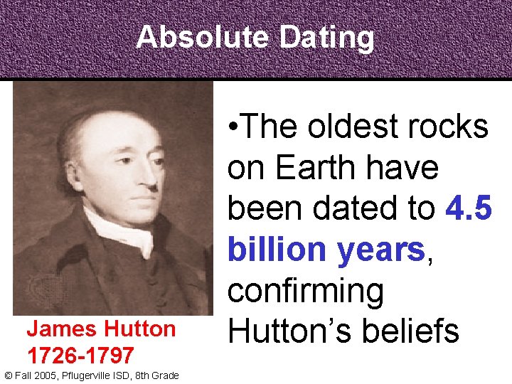 Absolute Dating James Hutton 1726 -1797 © Fall 2005, Pflugerville ISD, 8 th Grade