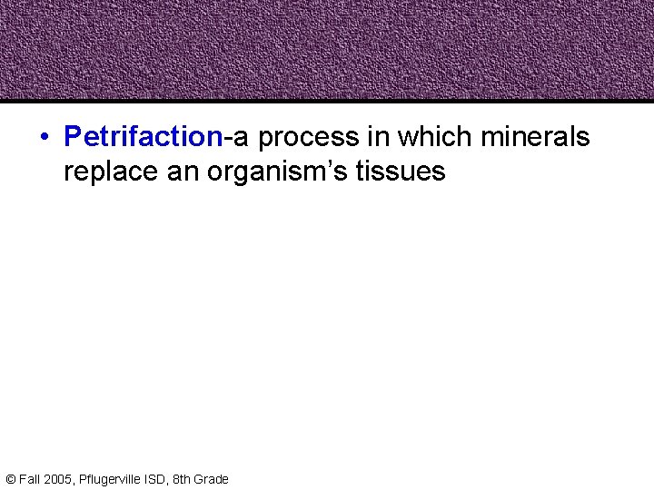  • Petrifaction-a process in which minerals replace an organism’s tissues © Fall 2005,