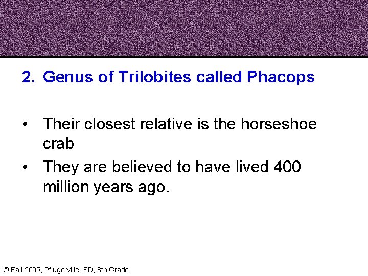2. Genus of Trilobites called Phacops • Their closest relative is the horseshoe crab