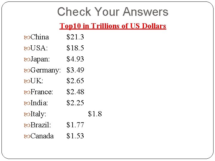 Check Your Answers Top 10 in Trillions of US Dollars China $21. 3 USA: