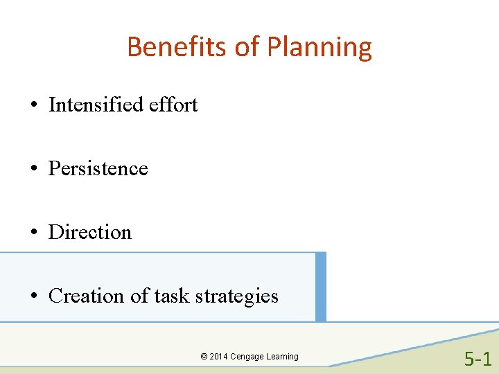 Benefits of Planning • Intensified effort • Persistence • Direction • Creation of task