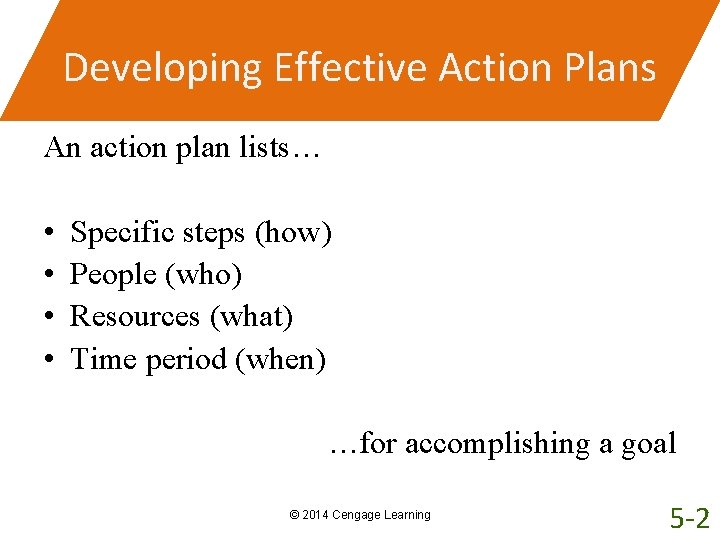 Developing Effective Action Plans An action plan lists… • • Specific steps (how) People
