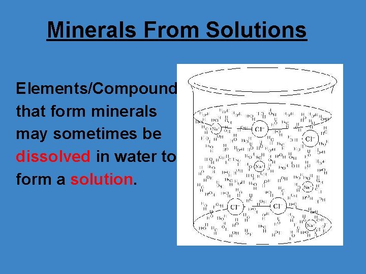 Minerals From Solutions Elements/Compounds that form minerals may sometimes be dissolved in water to