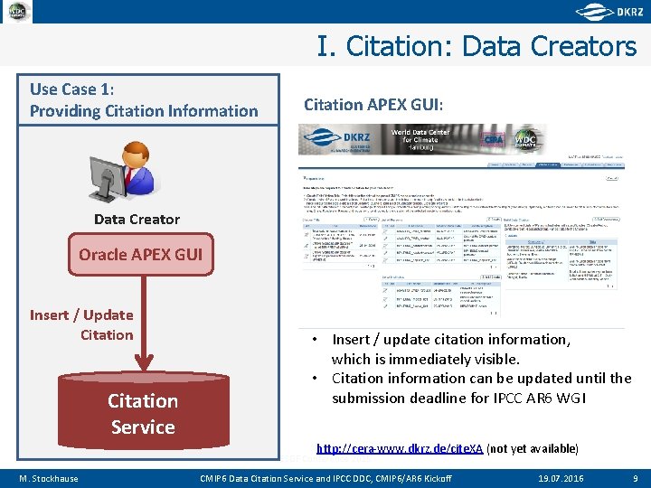 I. Citation: Data Creators Use Case 1: Providing Citation Information Citation APEX GUI: Data