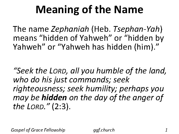 Meaning of the Name The name Zephaniah (Heb. Tsephan-Yah) means “hidden of Yahweh” or