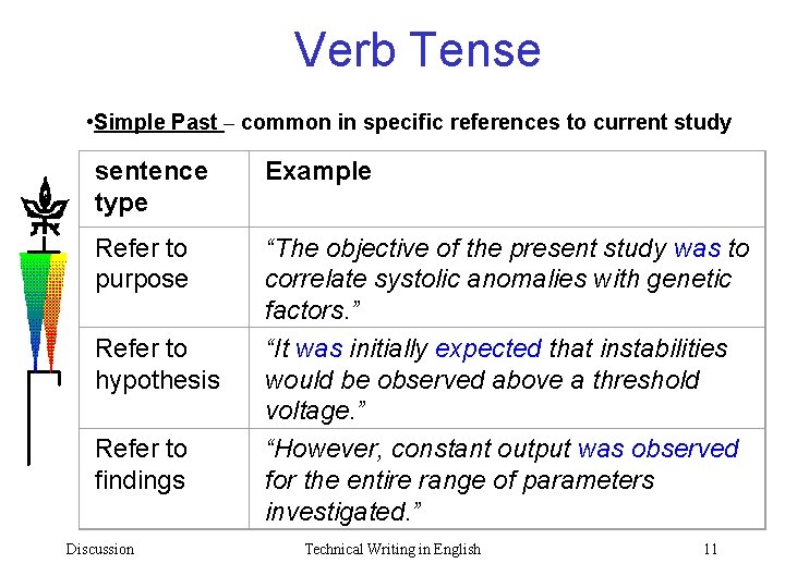 Verb Tense • Simple Past – common in specific references to current study sentence