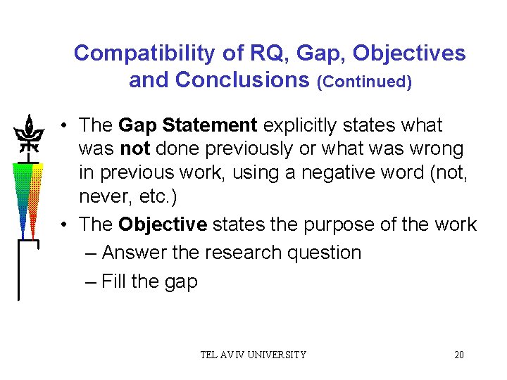 Compatibility of RQ, Gap, Objectives and Conclusions (Continued) • The Gap Statement explicitly states