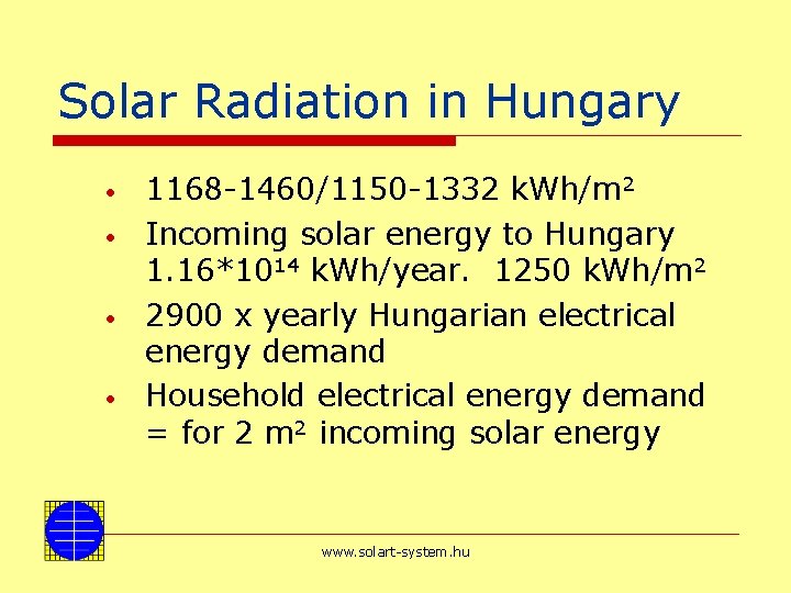 Solar Radiation in Hungary • • 1168 -1460/1150 -1332 k. Wh/m 2 Incoming solar